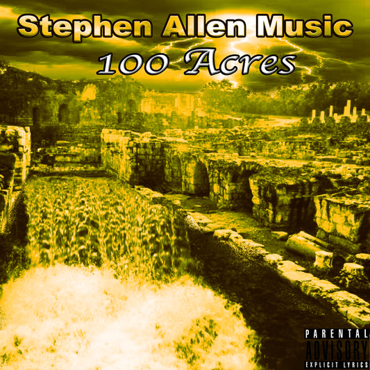 Album cover for '100 Acres' by Stephen Allen Music with a yellow-toned landscape.