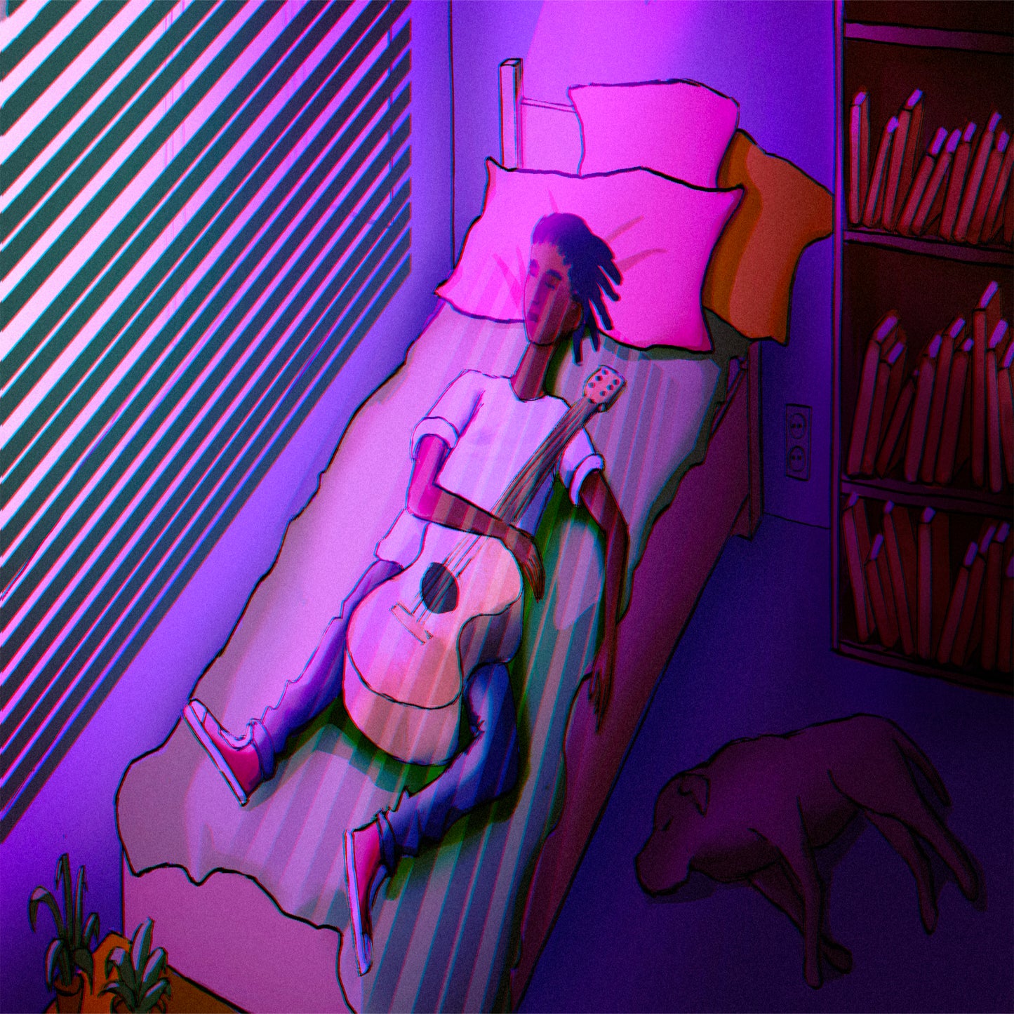 An illustration of a person lying on a bed with a guitar, surrounded by a colorful striped wall and a dog lying on the floor. Stephen Allen Music
