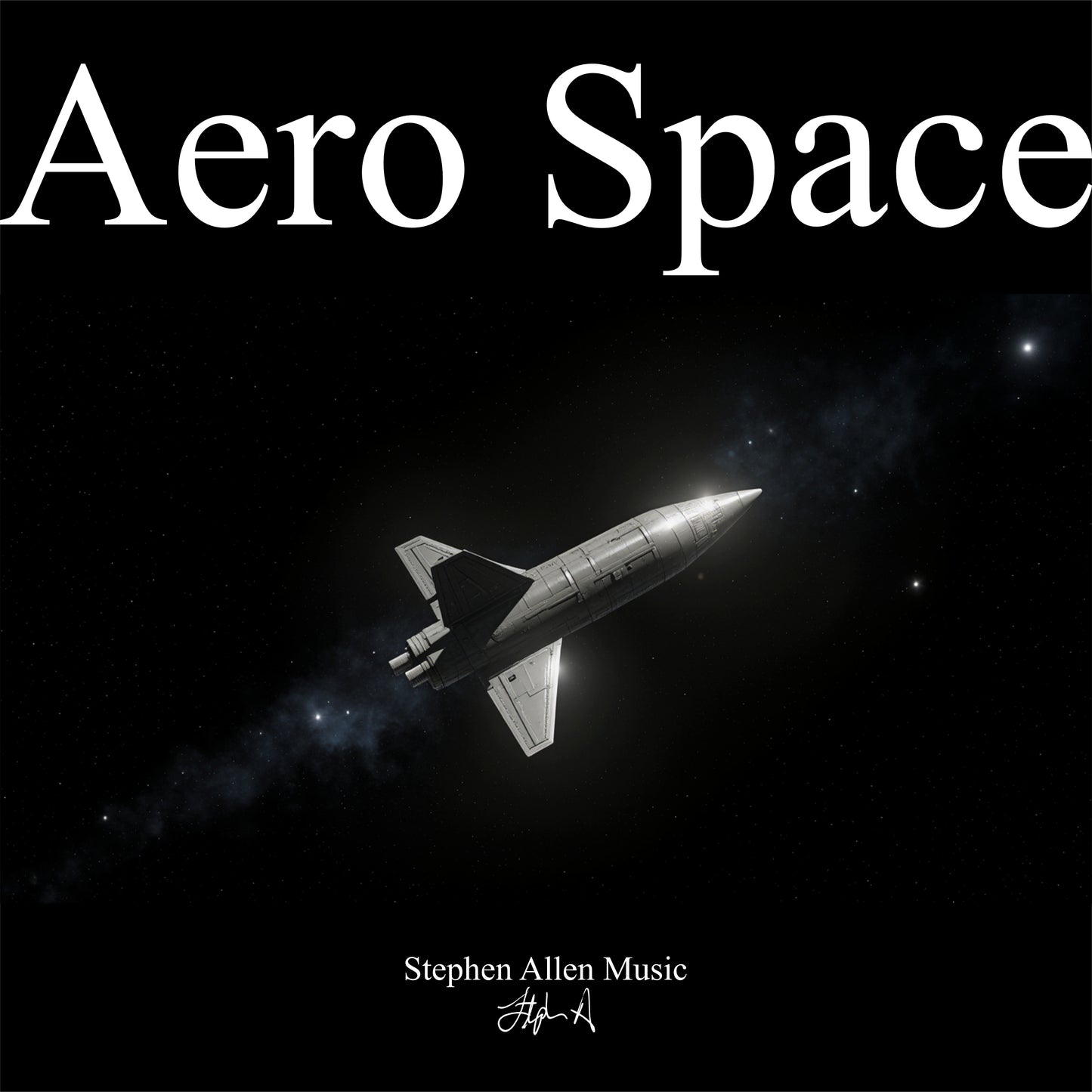 Space shuttle in space with 'Aero Space' and 'Stephen Allen Music' text on a black background