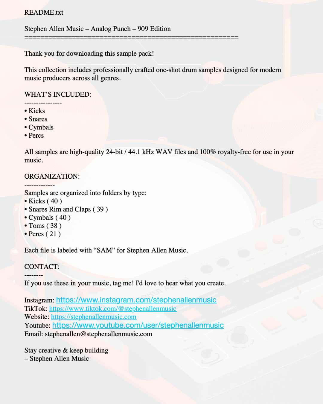 Stephen Allen Music - Analog Punch – 909 Edition ( One Shot Drum Pack )