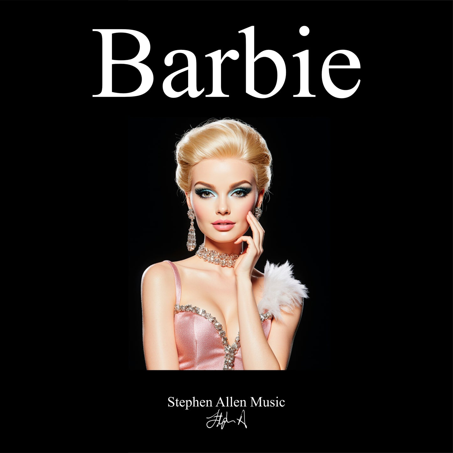 Barbie album cover with a stylized illustration of a woman in a pink dress on a black background. Stephen Allen Music