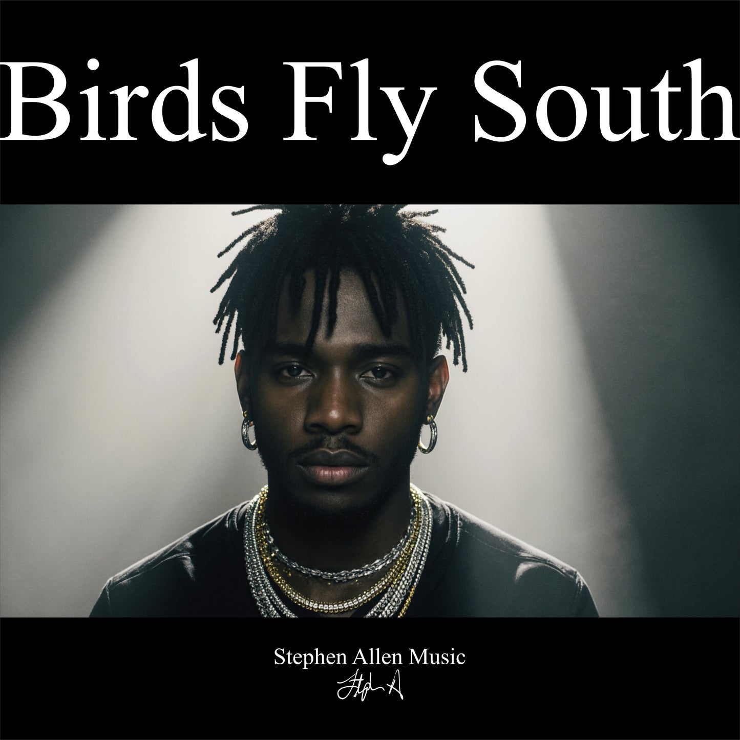 Album cover with a person wearing jewelry against a neutral background, featuring the text 'Birds Fly South' and 'Stephen Allen Music'.