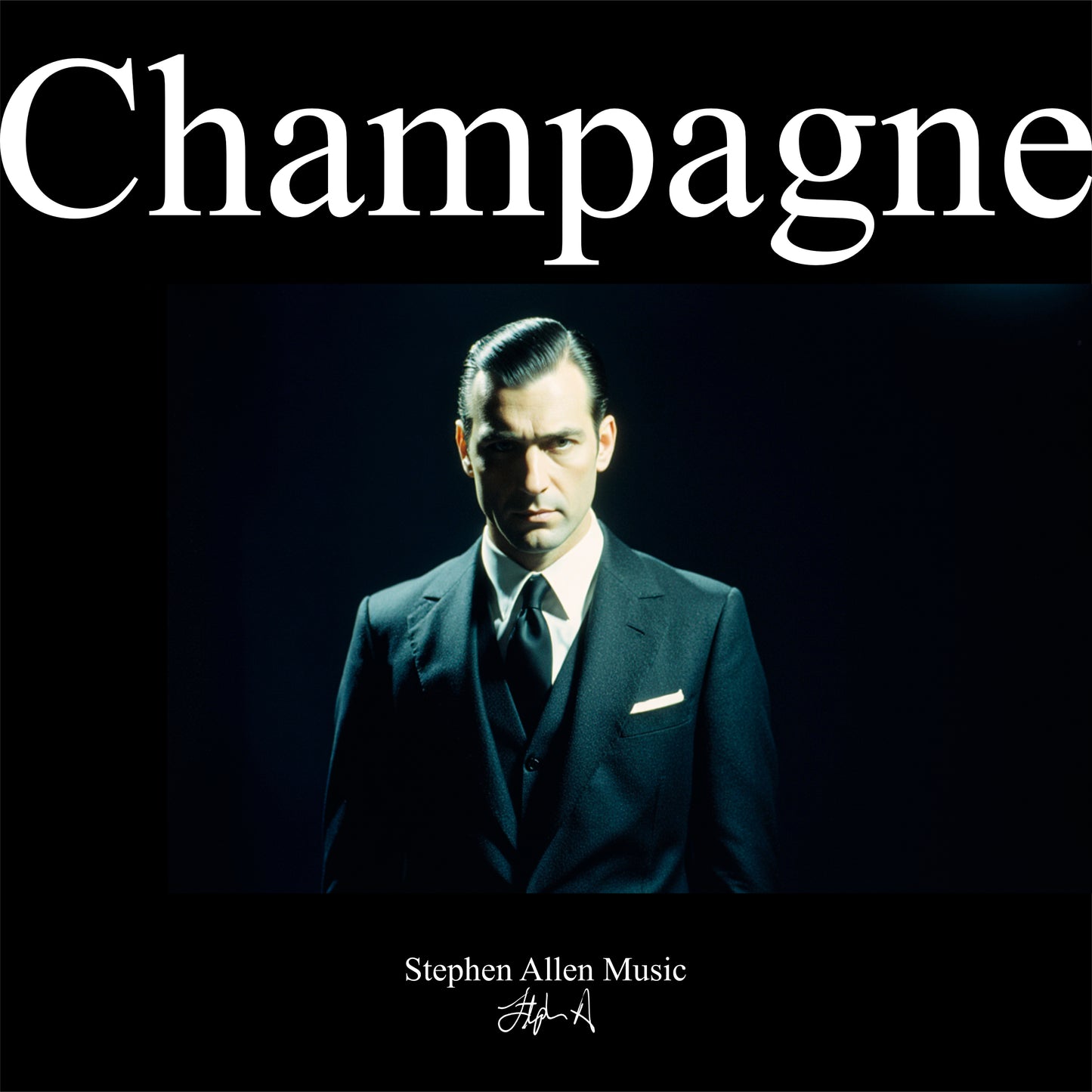 Album cover with a man in a suit and tie against a dark background, featuring the word 'Champagne' and 'Stephen Allen Music'.