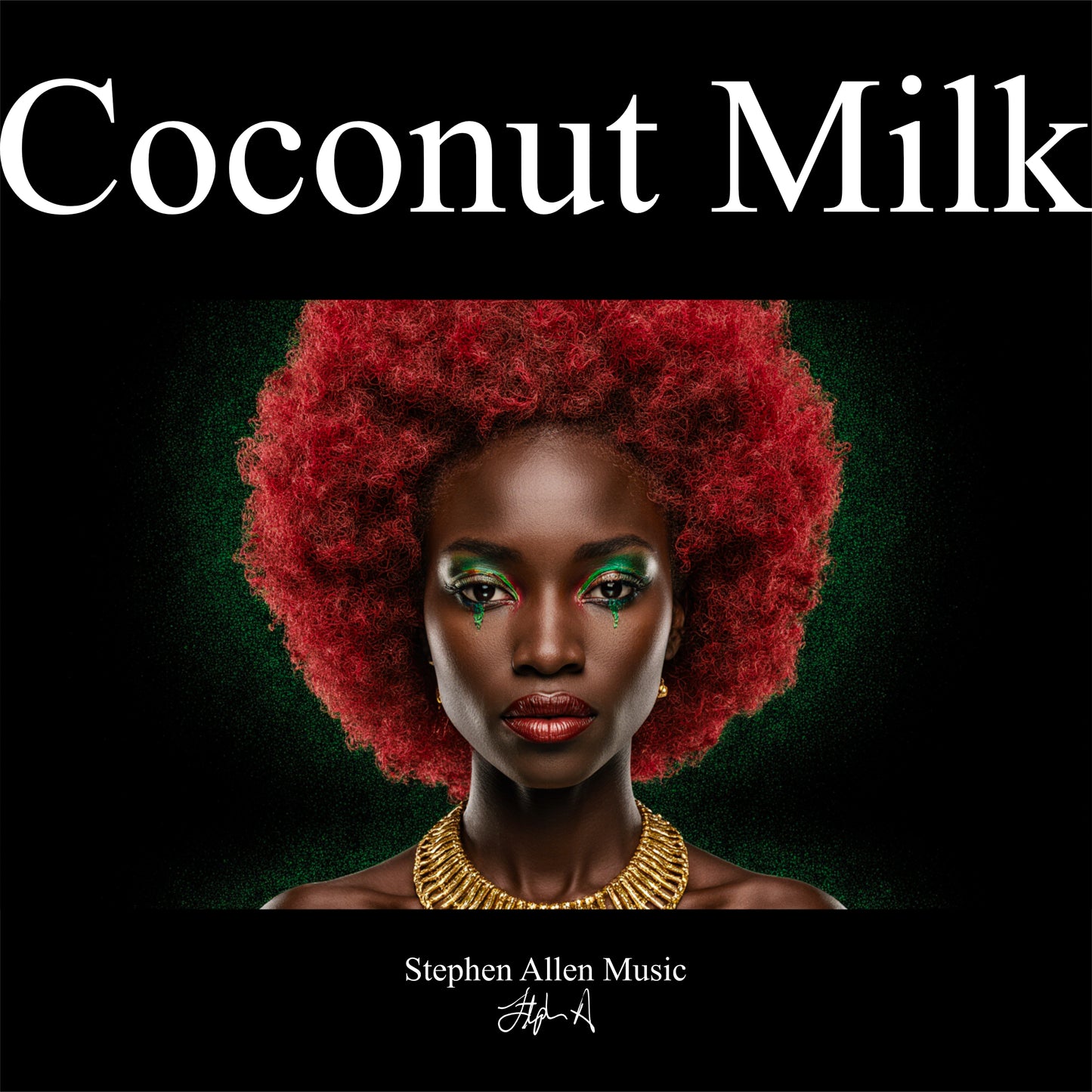 Album cover with a person with red hair and gold jewelry, featuring the text 'Coconut Milk' and 'Stephen Allen Music'.
