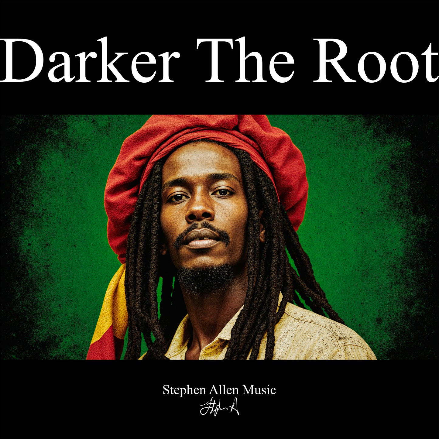 Album cover with a person wearing a red, yellow, and green head wrap against a dark green background. Stephen Allen Music