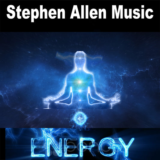 Meditation pose with energy aura and 'Stephen Allen Music Energy' text on a dark background