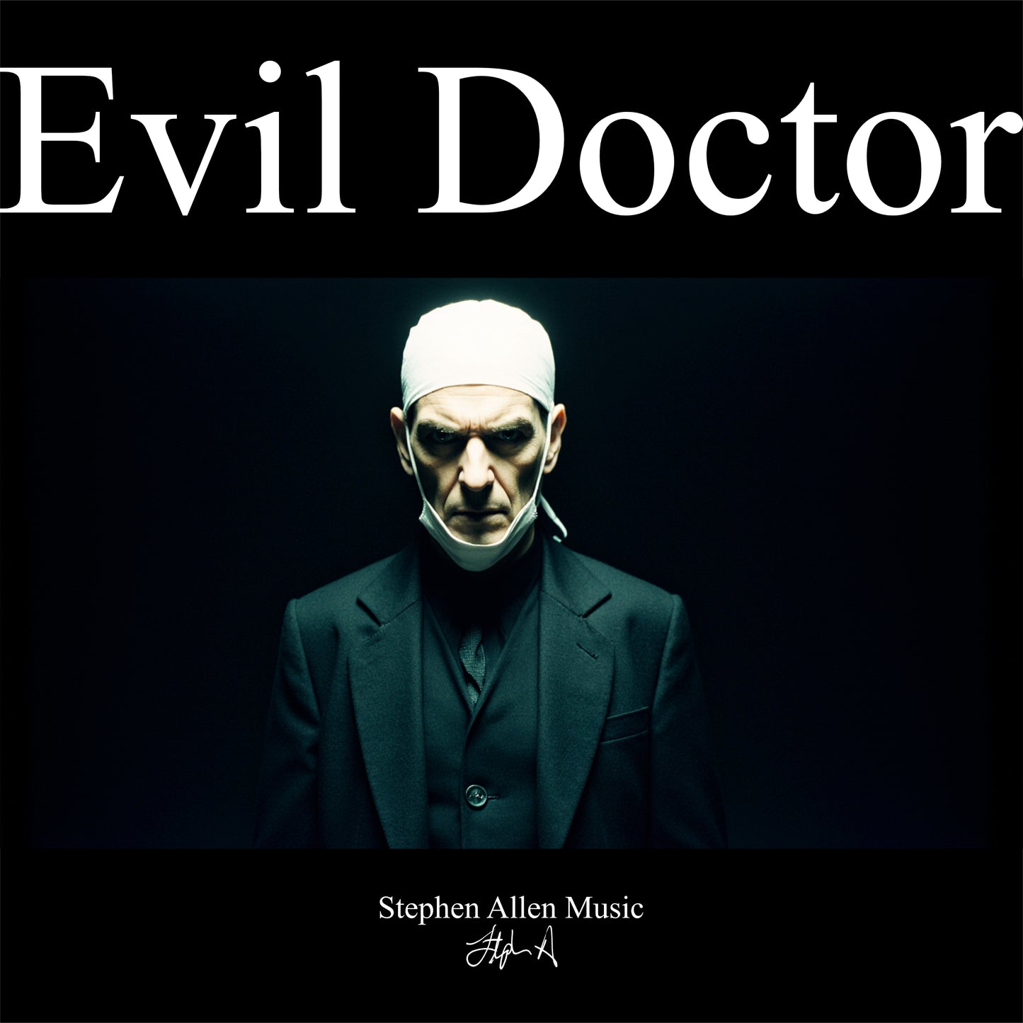 Album cover with a doctor in a dark suit and white mask against a black background, featuring the text 'Evil Doctor' and 'Stephen Allen Music'.