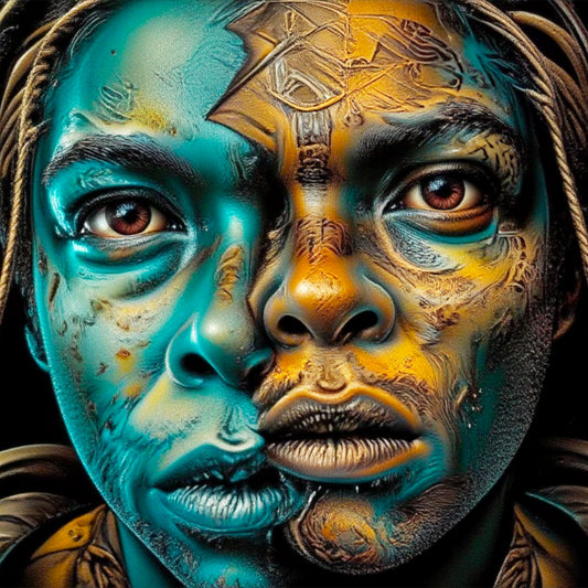 Artistic depiction of a face with blue and gold colors and intricate patterns. Stephen Allen Music