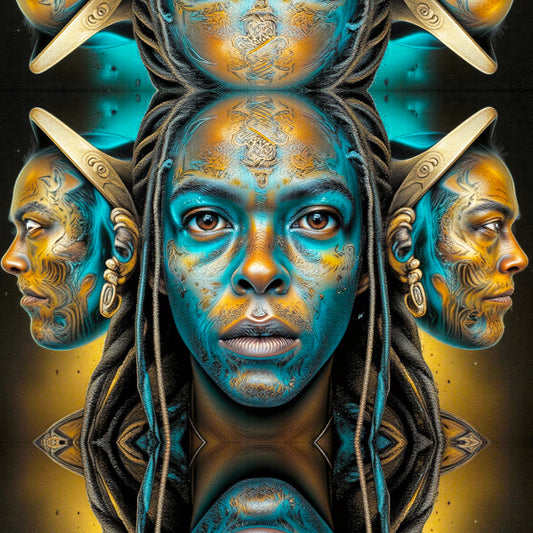 Artistic depiction of a person with blue and gold face paint and braided hair, surrounded by multiple faces. Stephen Allen Music