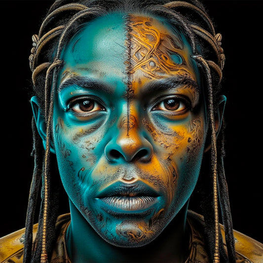 Person with stylized face art and braided hair against a black background. Stephen Allen Music