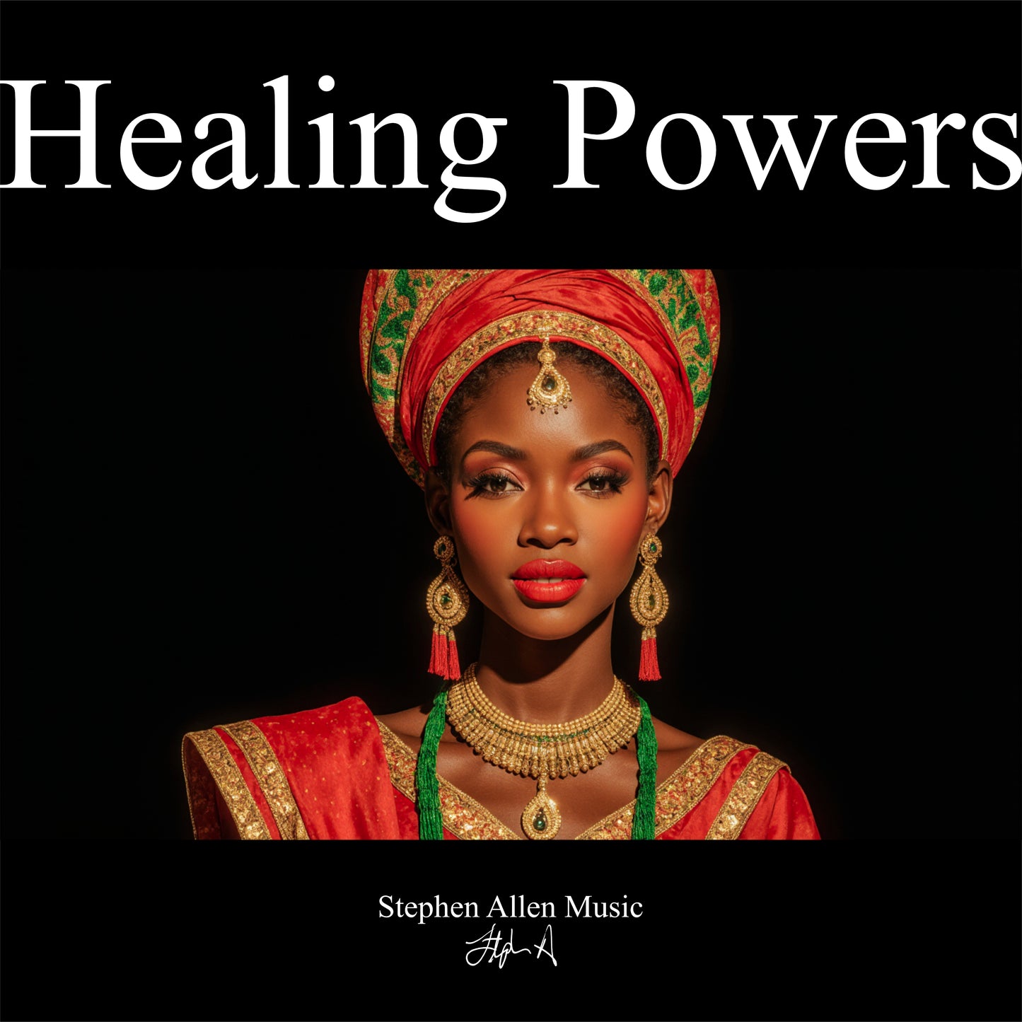 Album cover with a woman in traditional attire and 'Healing Powers' text on a black background Stephen Allen Music