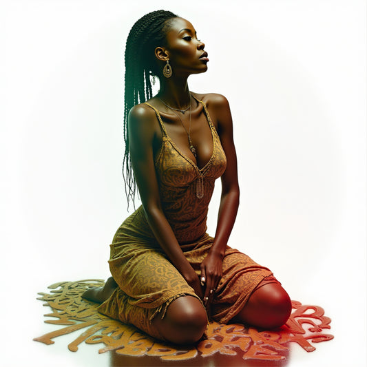 A digital album cover featuring a woman seated with a colorful abstract design behind her, representing the 'Heart of the Afrobeats' music collection by Stephen Allen Music.