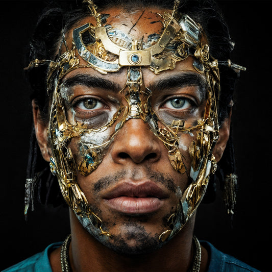 Person wearing a detailed metallic mask against a black background Stephen Allen Music