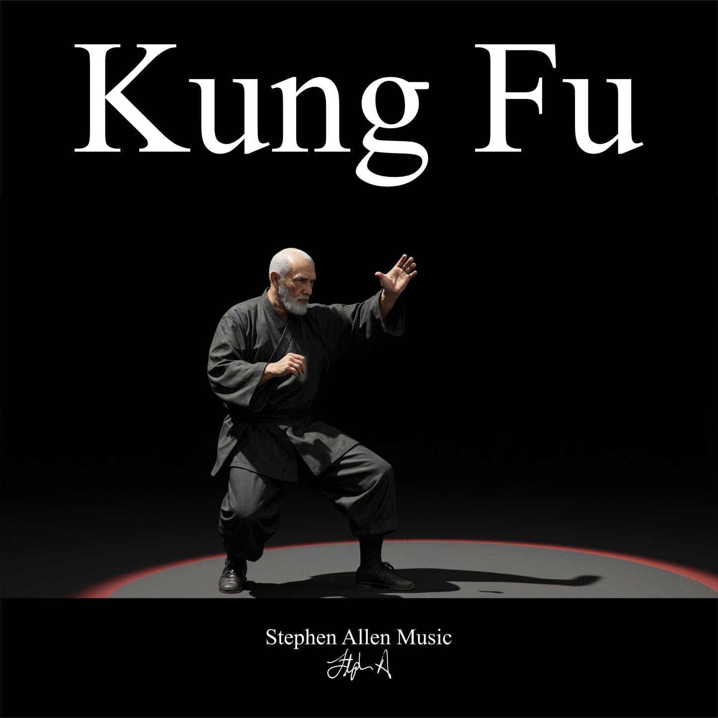 Kung Fu-themed album cover with a martial artist in a pose against a black background, featuring the text 'Kung Fu' and 'Stephen Allen Music'.