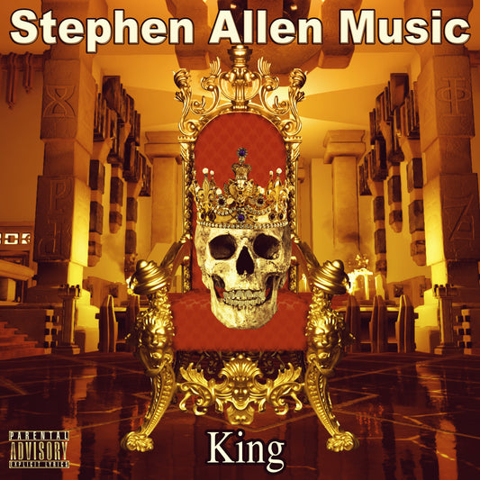 Album cover with a skull wearing a crown on an ornate chair, labeled 'Stephen Allen Music King'.