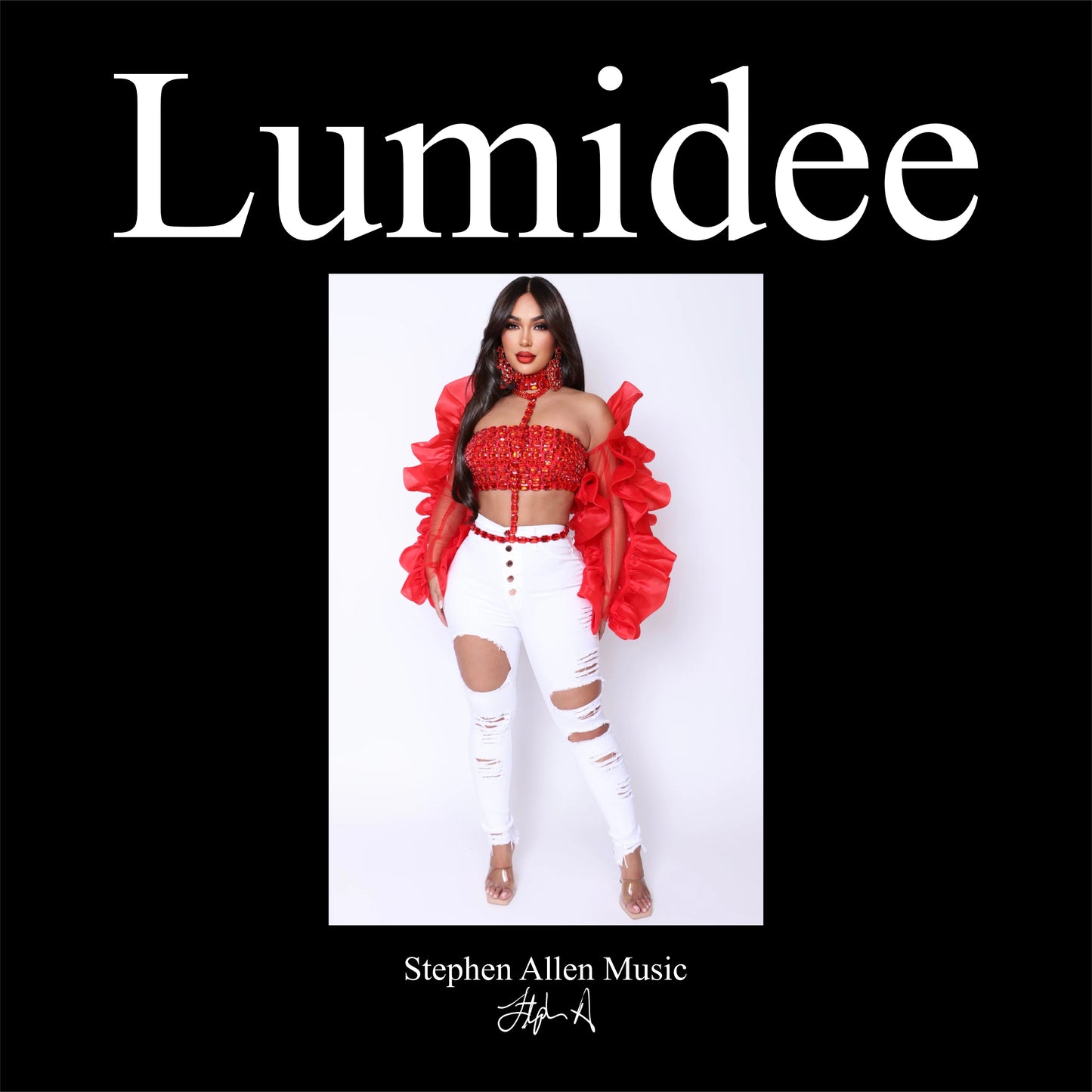Album cover with a person in red and white outfit on a black background with 'Lumidee' text. Stephen Allen Music