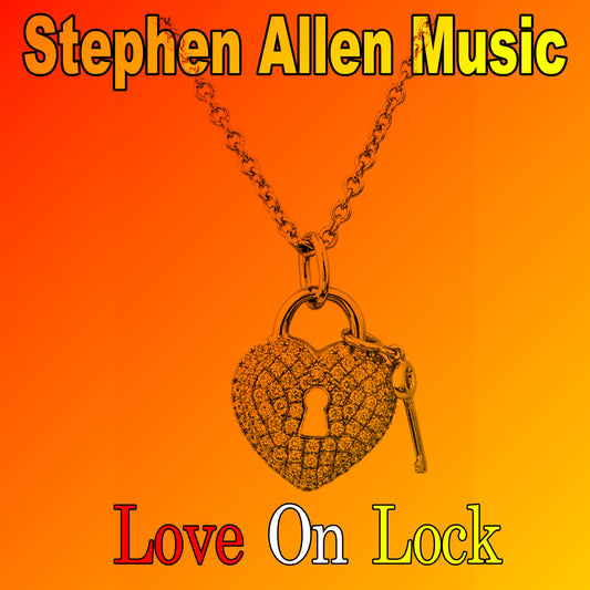 Heart-shaped lock pendant necklace on an orange background with 'Stephen Allen Music' text.