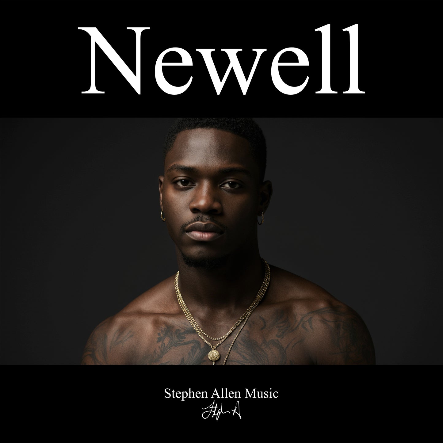 Album cover with a person with tattoos and jewelry, featuring the name 'Newell' and 'Stephen Allen Music'.