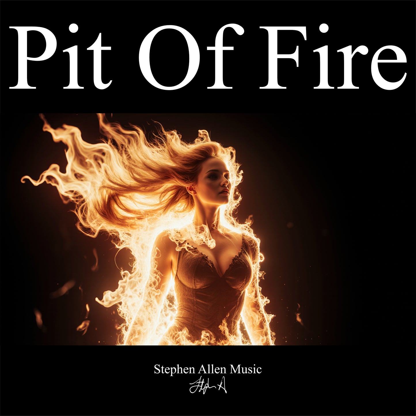 Album cover for 'Pit Of Fire' by Stephen Allen Music with a woman surrounded by flames.