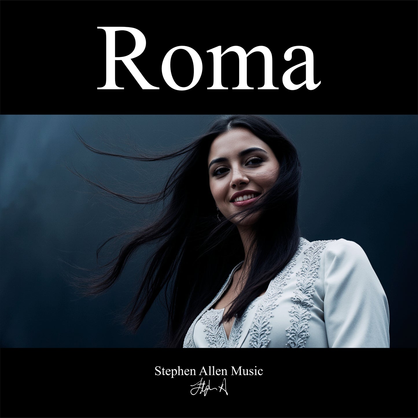 Album cover with a woman with flowing hair against a dark background, featuring the title 'Roma' and artist name 'Stephen Allen Music'.