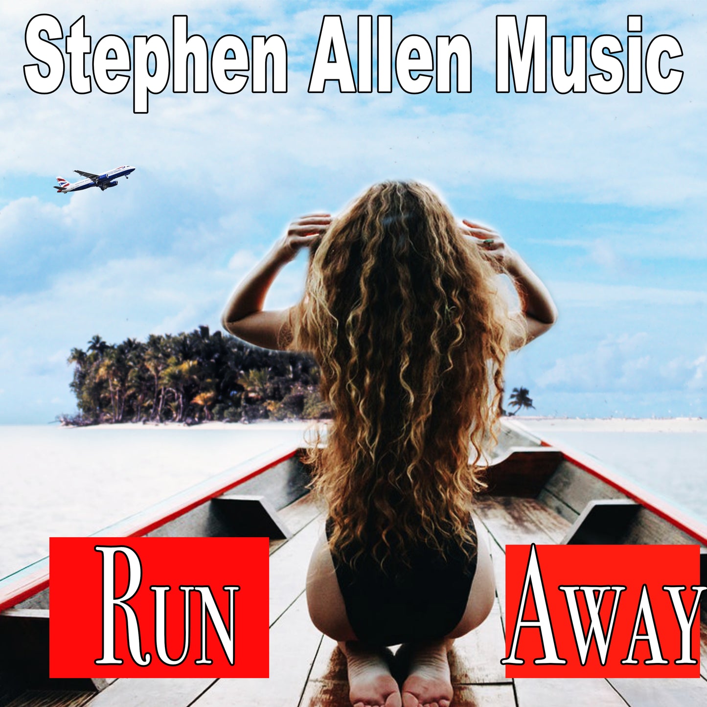 Album cover with a woman sitting on an airplane looking at a tropical island, with 'Stephen Allen Music' and 'Run Away' text.