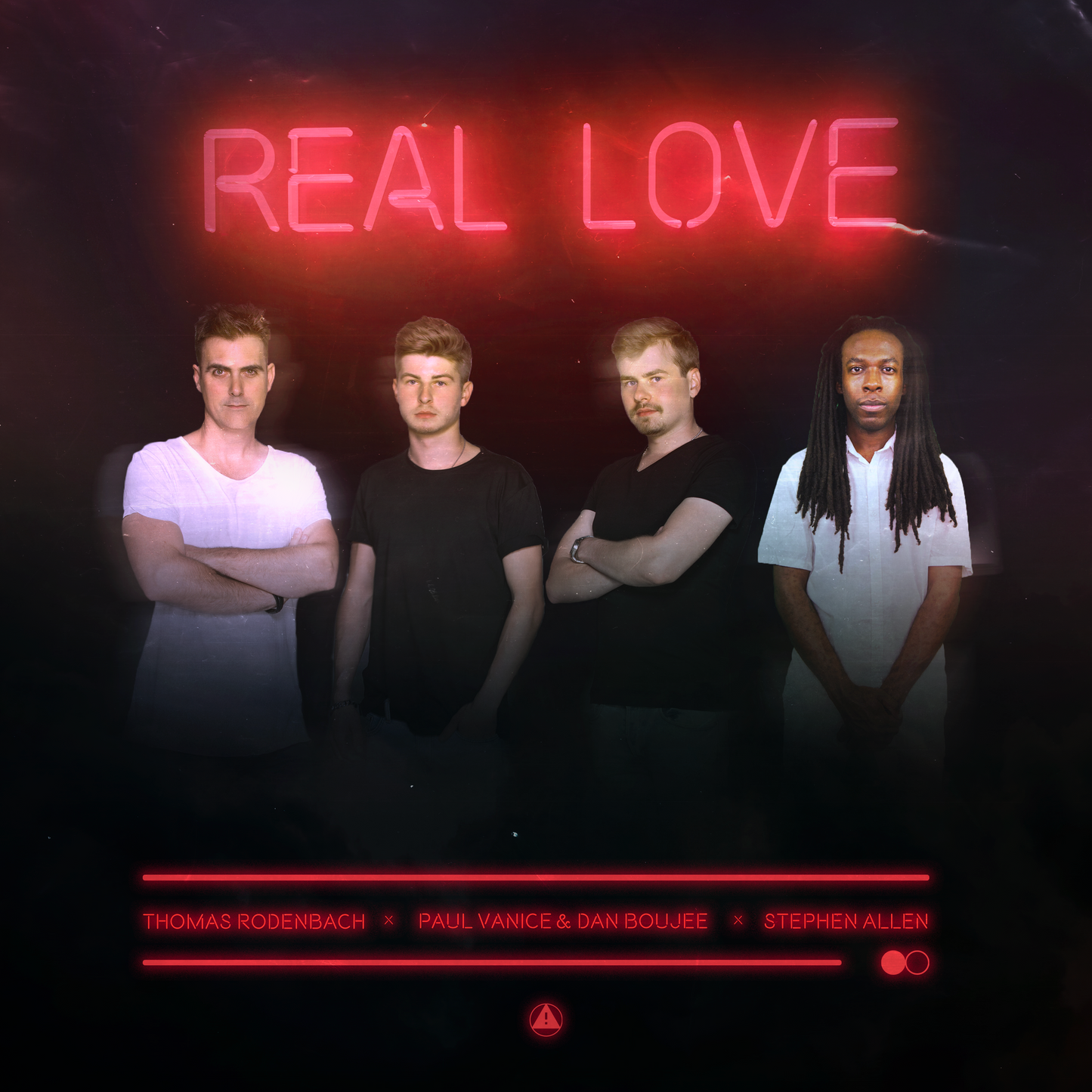 Four individuals standing in front of a 'Real Love' neon sign with credits below. Stephen Allen Music