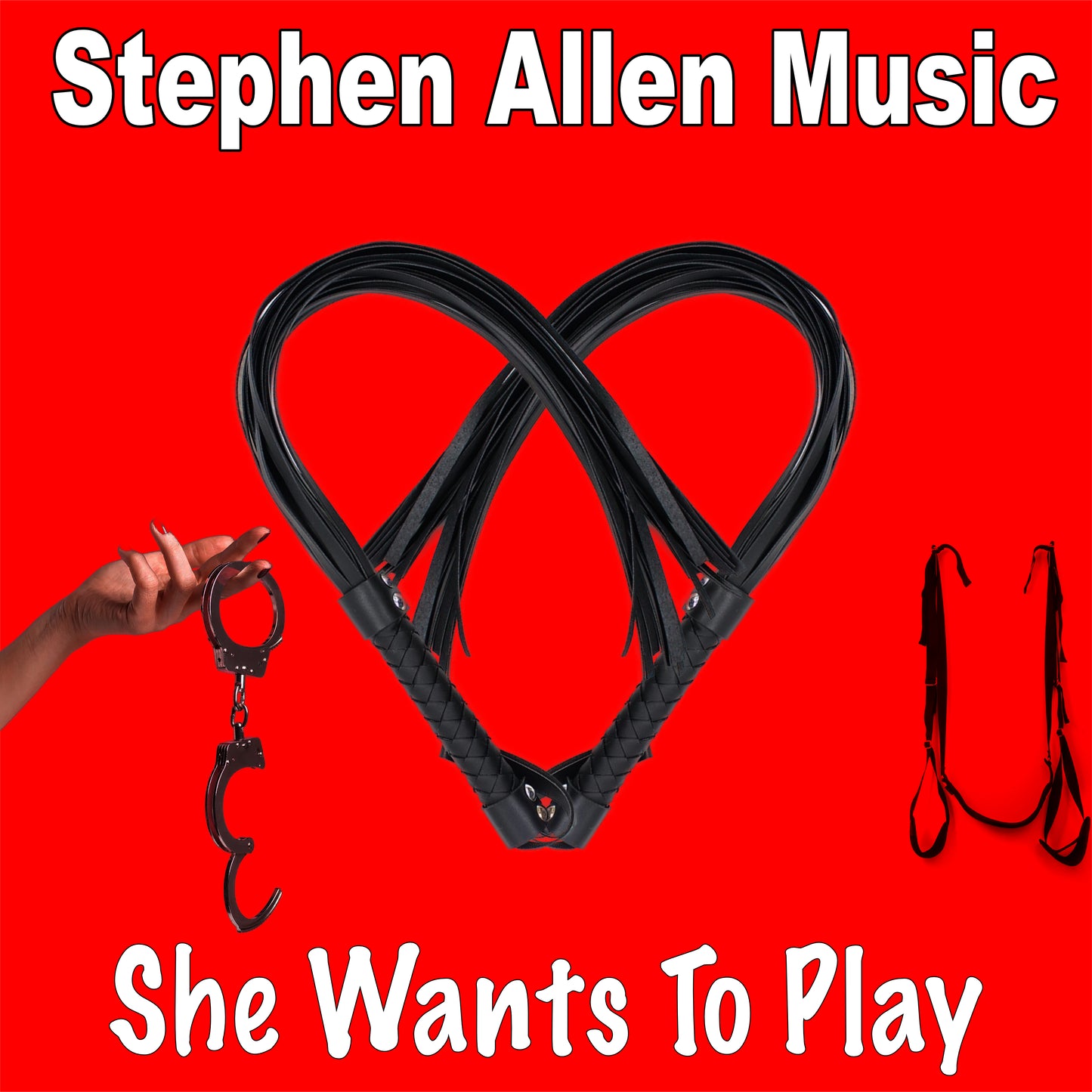 Black dog leash shaped like a heart on a red background with 'Stephen Allen Music' text.