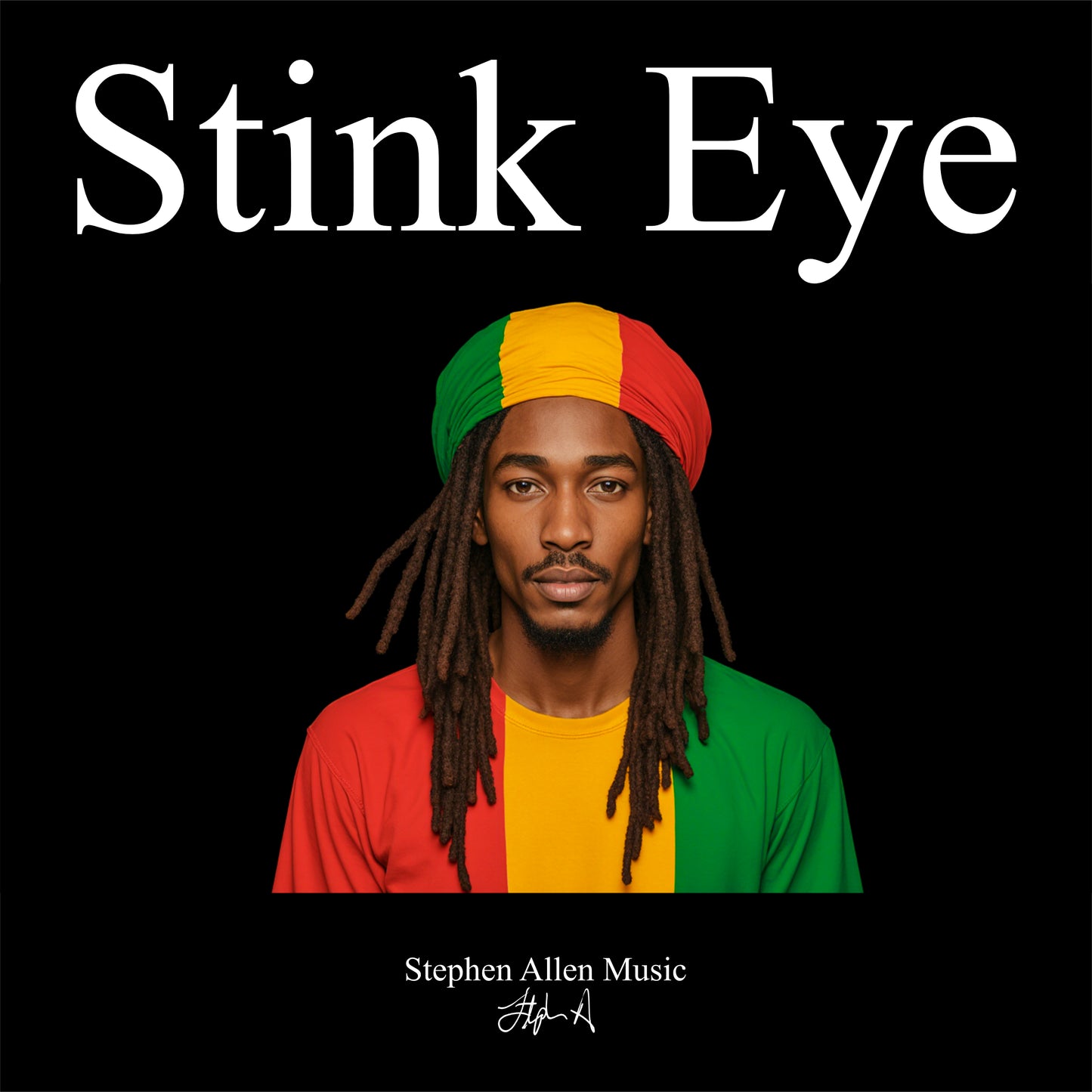 Album cover with a person wearing a colorful hat and clothing, featuring the text 'Stink Eye' and 'Stephen Allen Music'.
