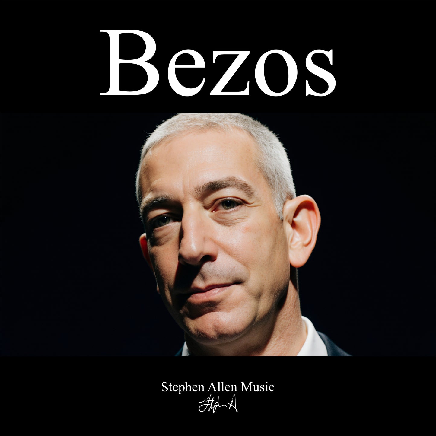 Album cover with a portrait of a person and the title 'Bezos' on a black background. Stephen Allen Music