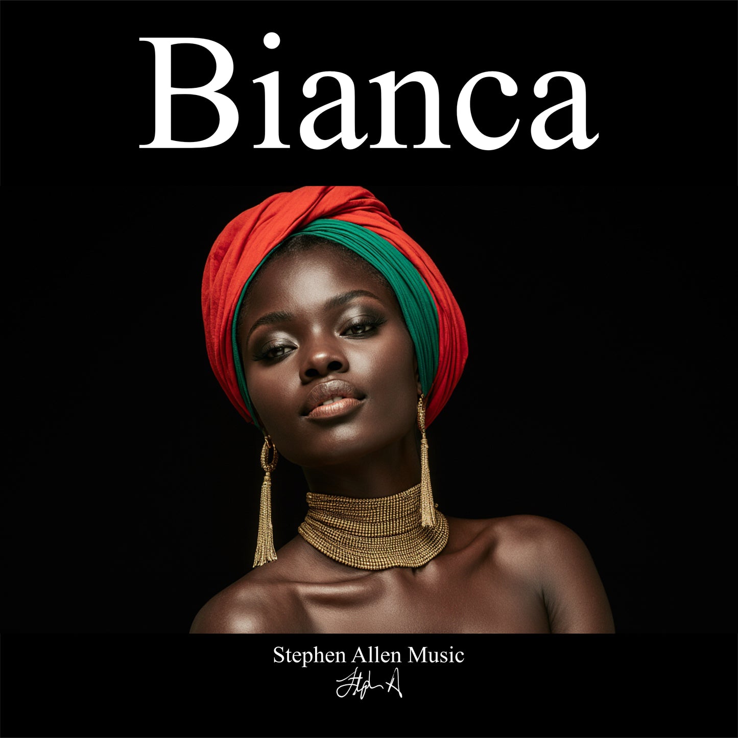 Album cover with a woman wearing a red and green headscarf on a black background, featuring the name 'Bianca' and 'Stephen Allen Music'.