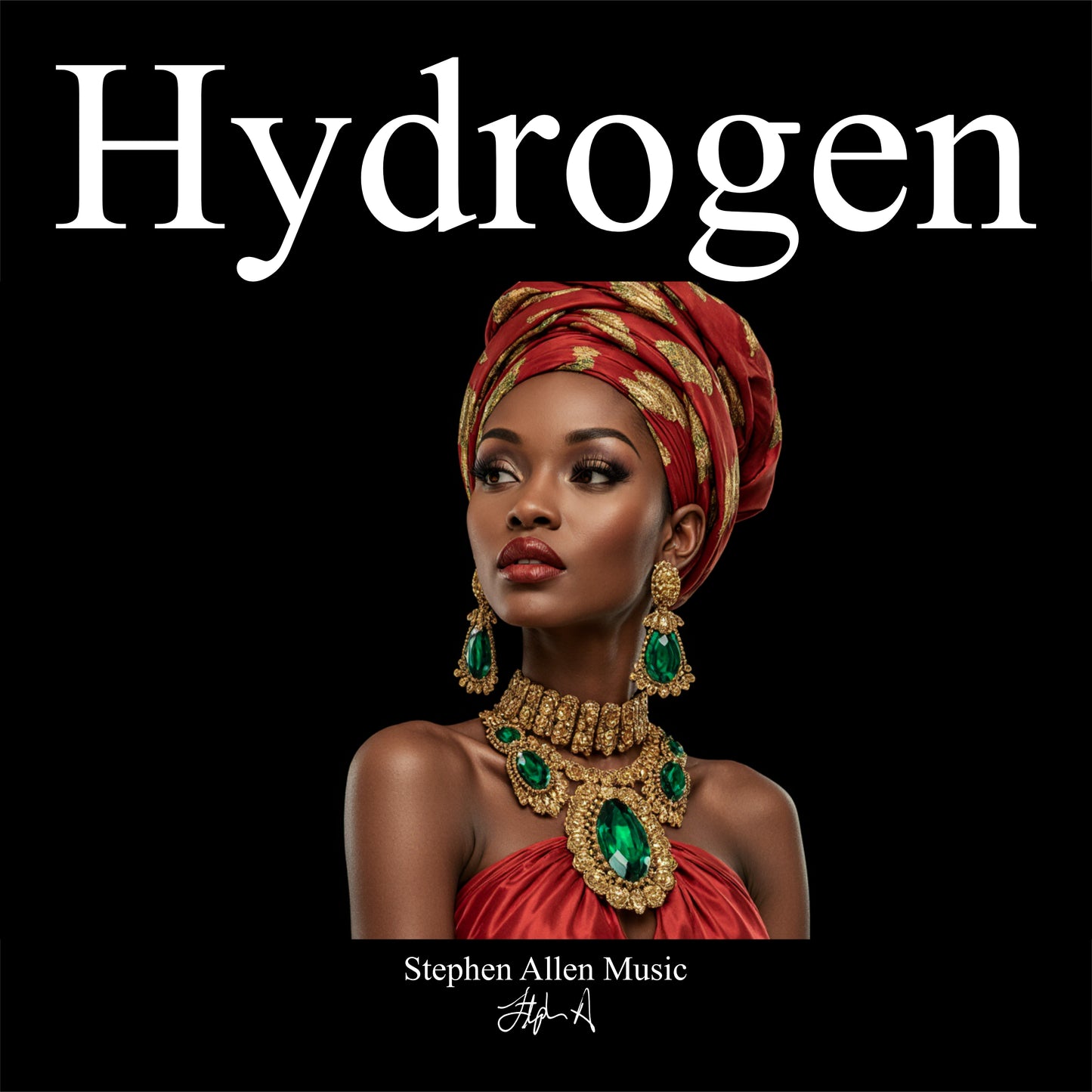 Album cover with a woman wearing a red and gold headscarf and jewelry, with 'Hydrogen' and 'Stephen Allen Music' text.