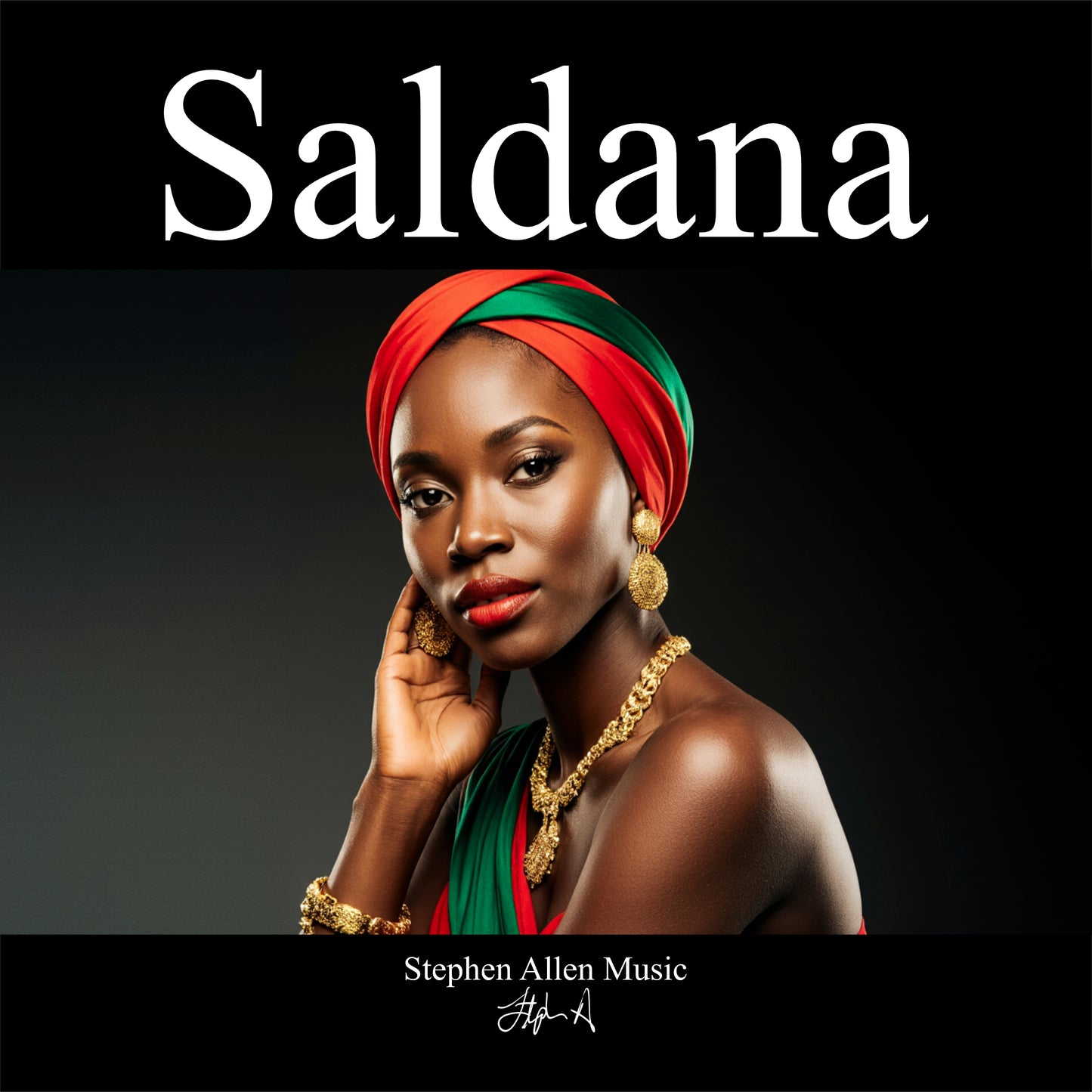 Album cover with a woman wearing a colorful headscarf and gold jewelry, with 'Saldana' and 'Stephen Allen Music' text.