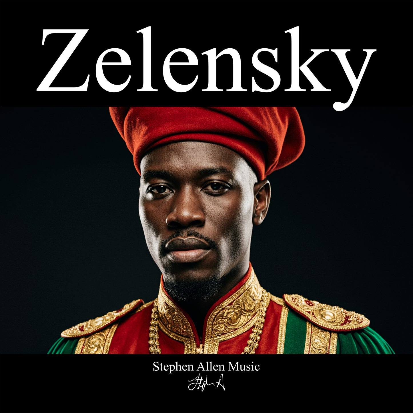 Album cover with a person in regal attire and 'Zelensky' text on a black background Stephen Allen Music