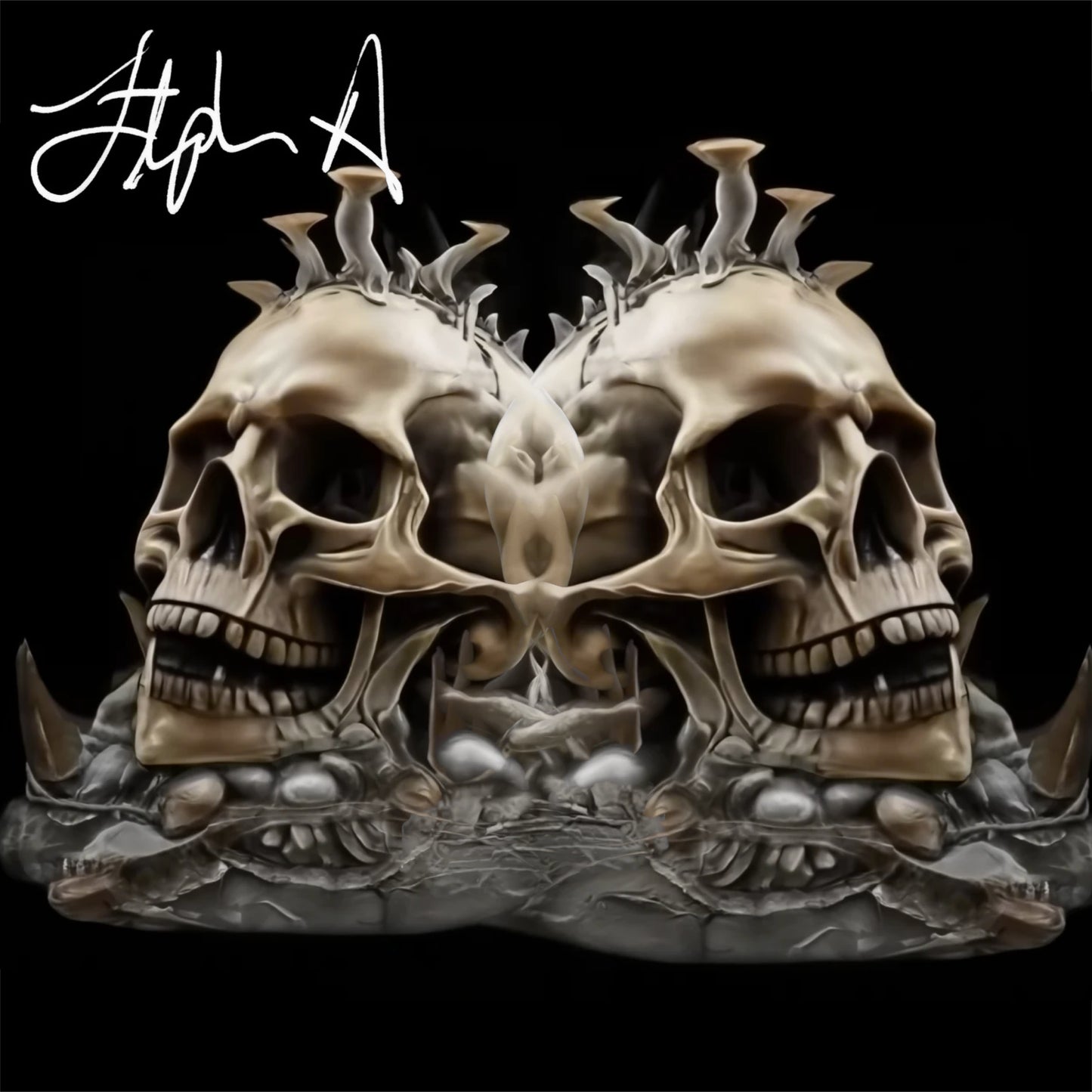 Digital album cover featuring a symmetrical composition with two skull figures adorned with spikes, set against a dark background with a signature at the top. Stephen Allen Music