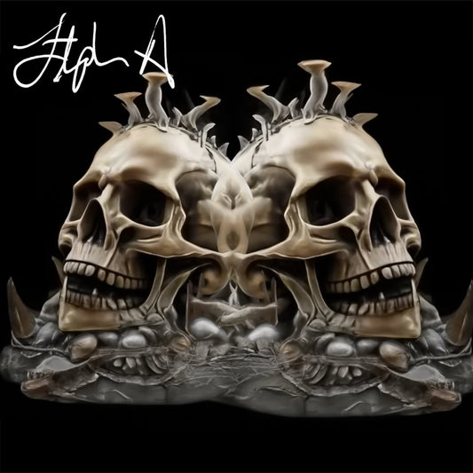 Digital album cover featuring a symmetrical composition with two skull figures adorned with spikes, set against a dark background with a signature at the top. Stephen Allen Music