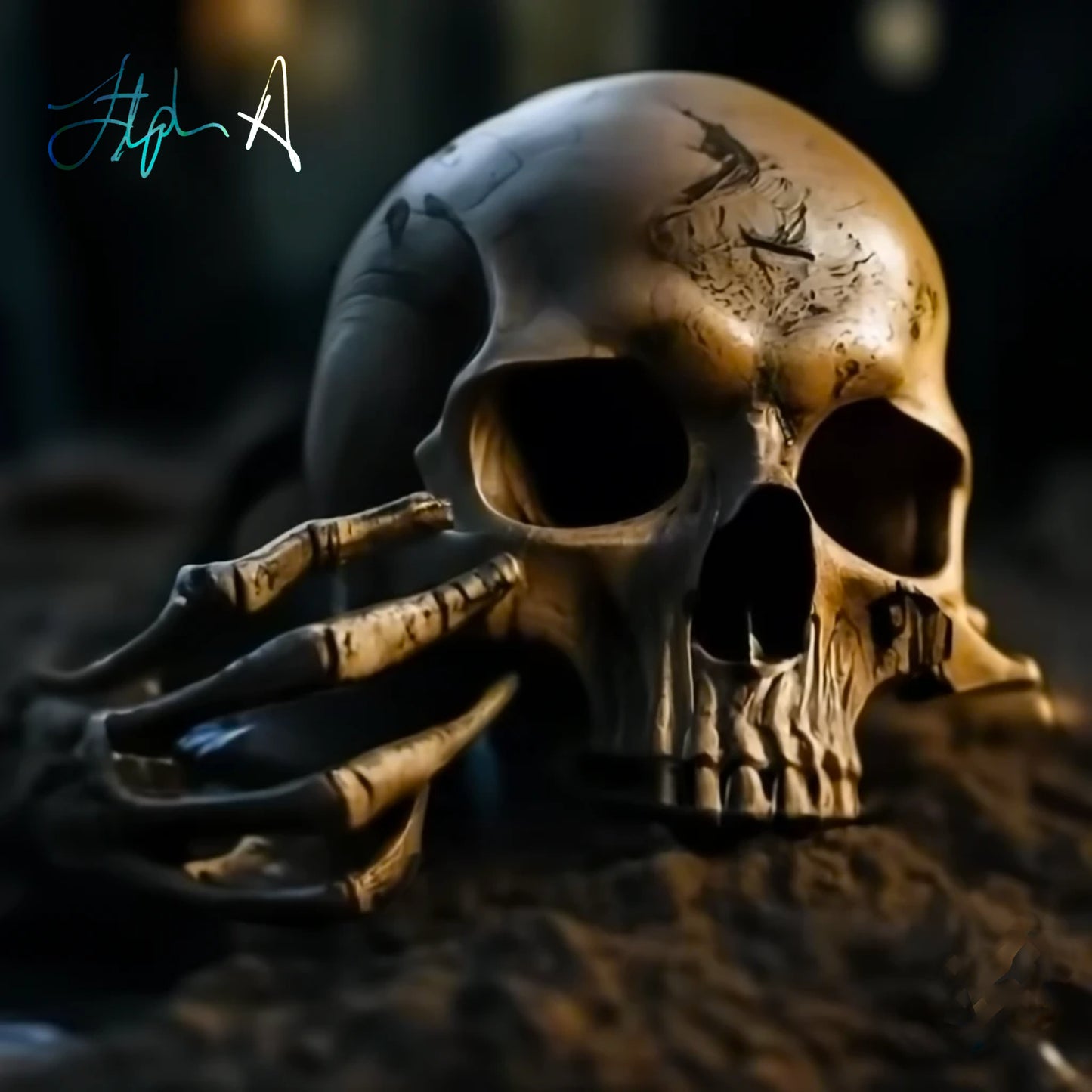A digital artwork of a skull with a hand making a peace sign in front of it, possibly representing the artist or the title 'Trap In The Dark 4'. Stephen Allen Music