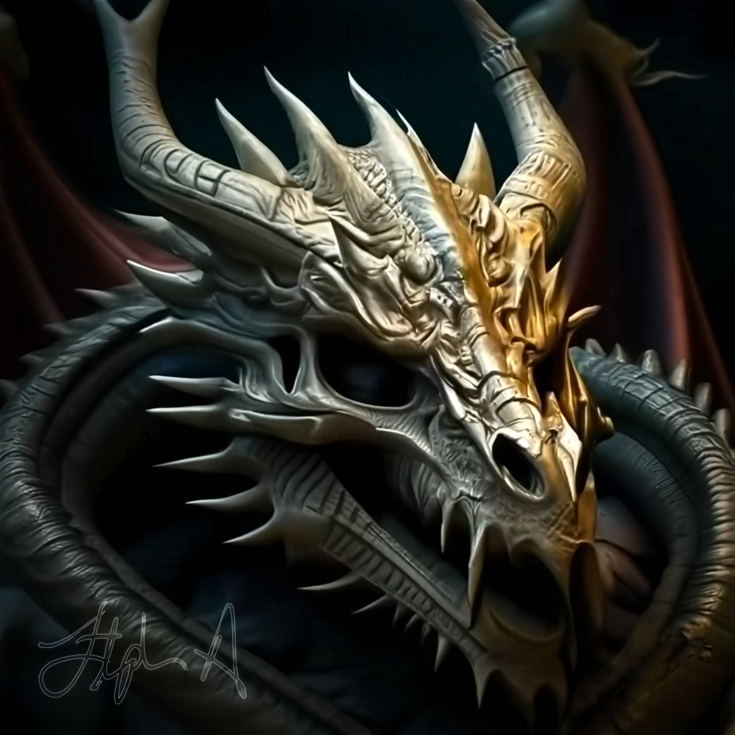 Artistic digital illustration of a dragon with a mix of silver and gold colors, having a detailed and fantasy-inspired design. Stephen Allen Music
