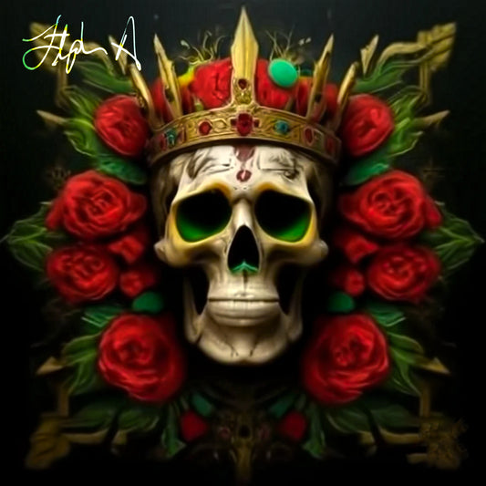 An album cover featuring a stylized skull wearing a golden crown with red roses and green eyes, representing the artist's branding. Stephen Allen Music