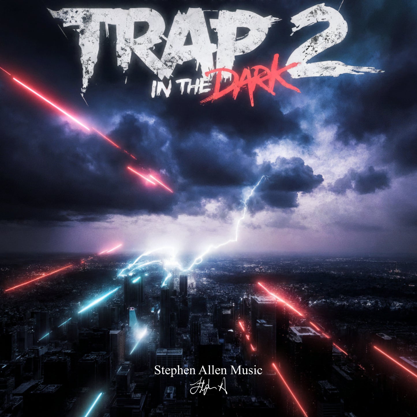 Album cover for 'Trap 2 in the Dark' by Stephen Allen Music with a cityscape and lightning effects.