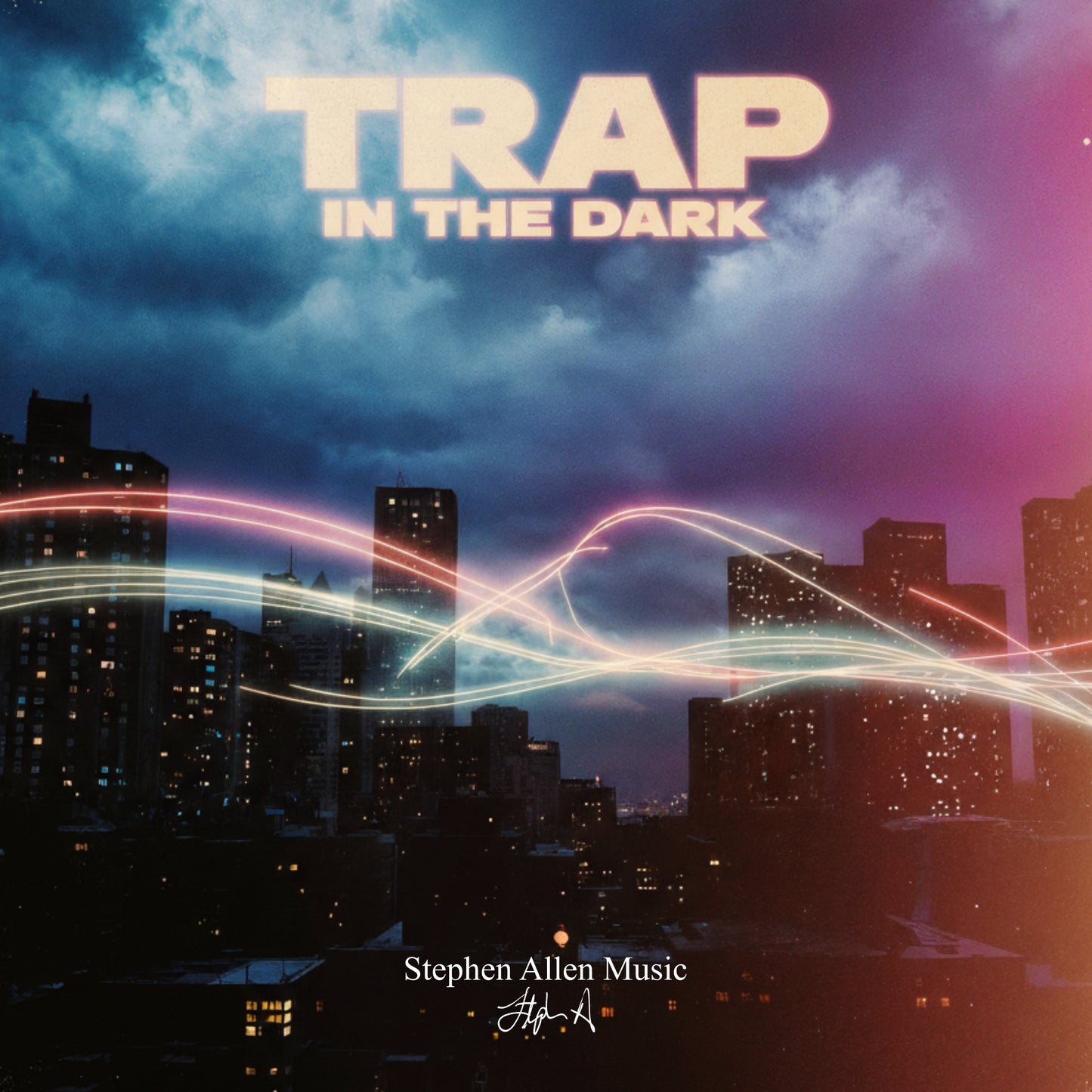 Album cover with cityscape and text 'Trap in the Dark' by Stephen Allen Music