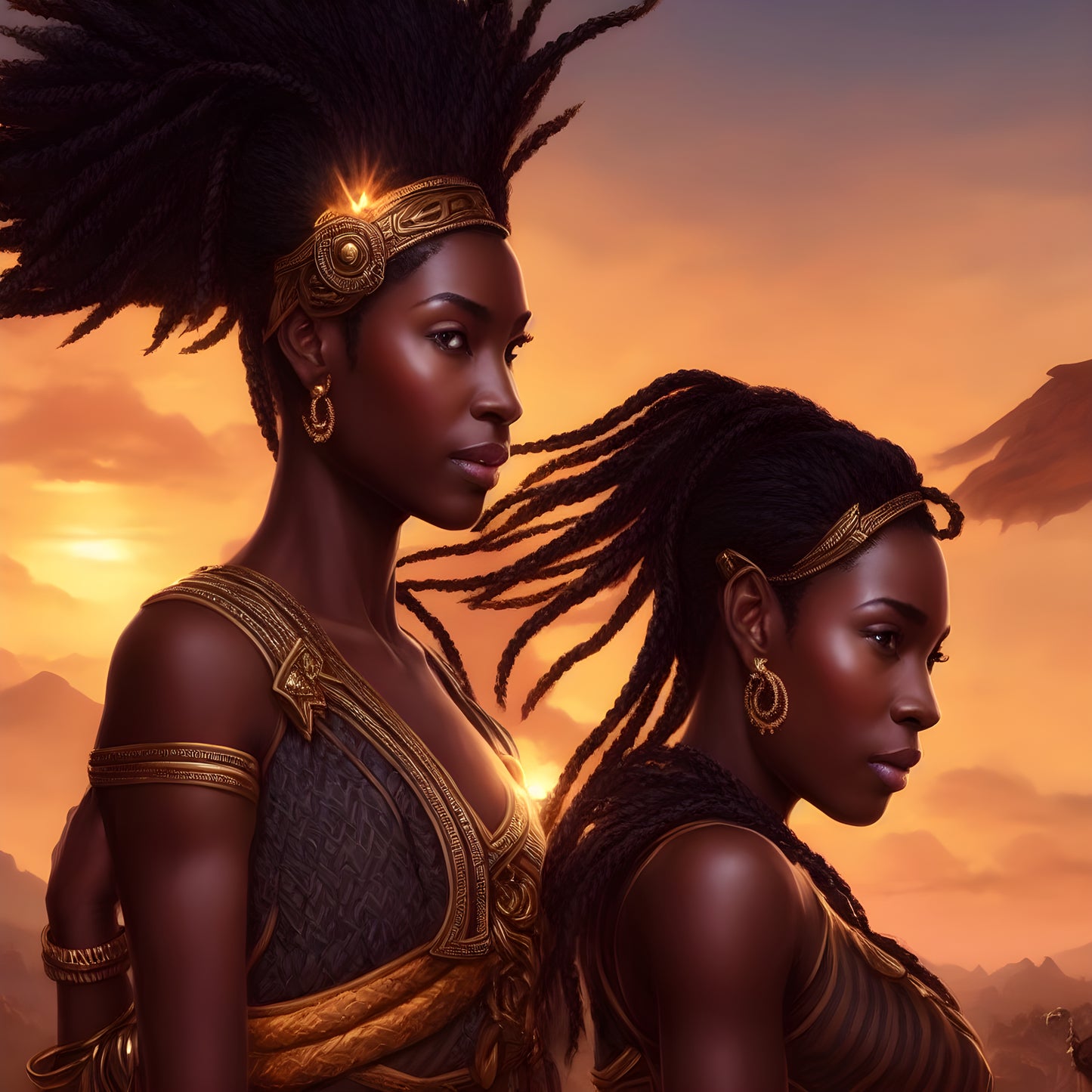 Two individuals dressed in traditional attire with a backdrop of a sunset over a landscape. Stephen Allen Music