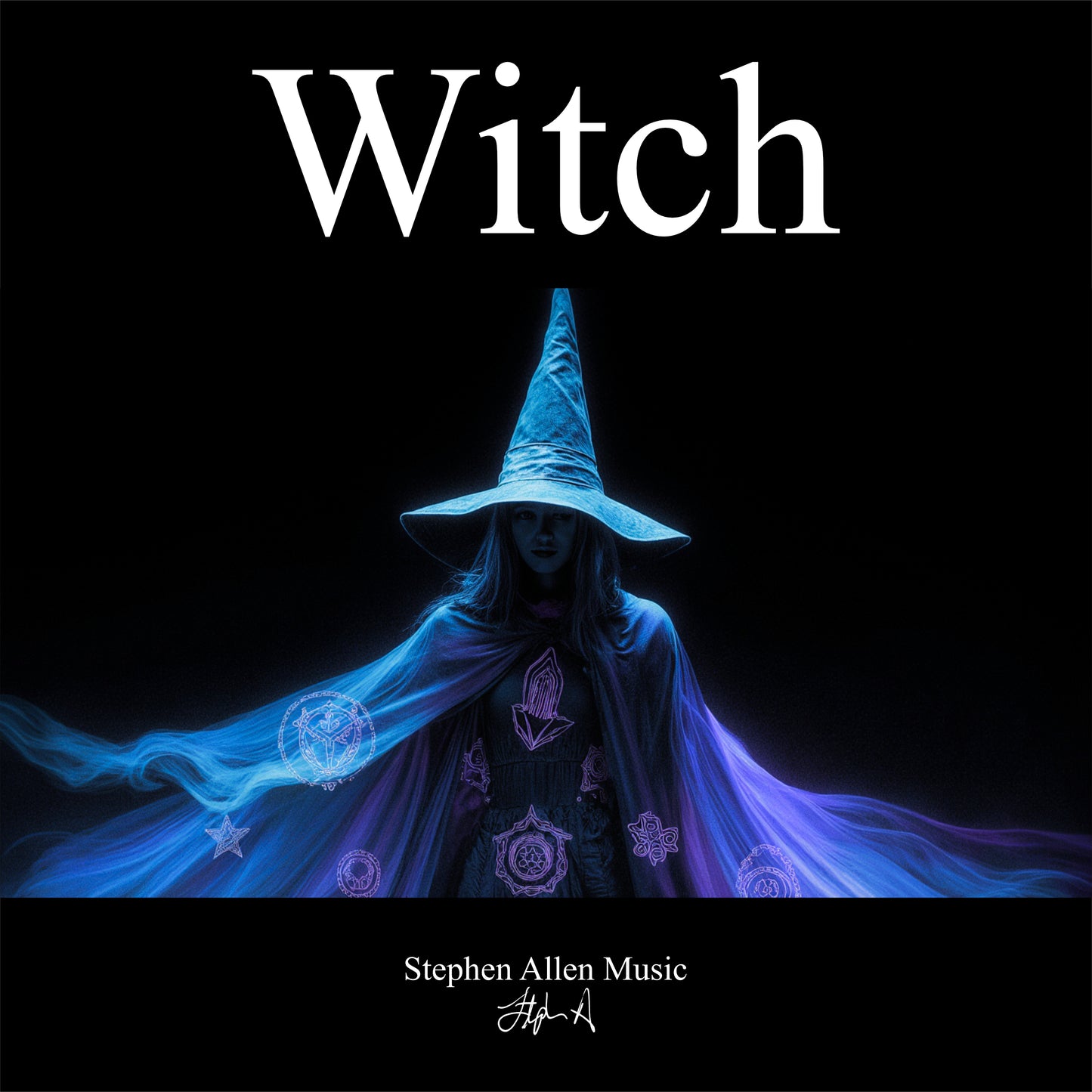 Album cover with a witch figure and the word 'Witch' at the top, featuring Stephen Allen Music.