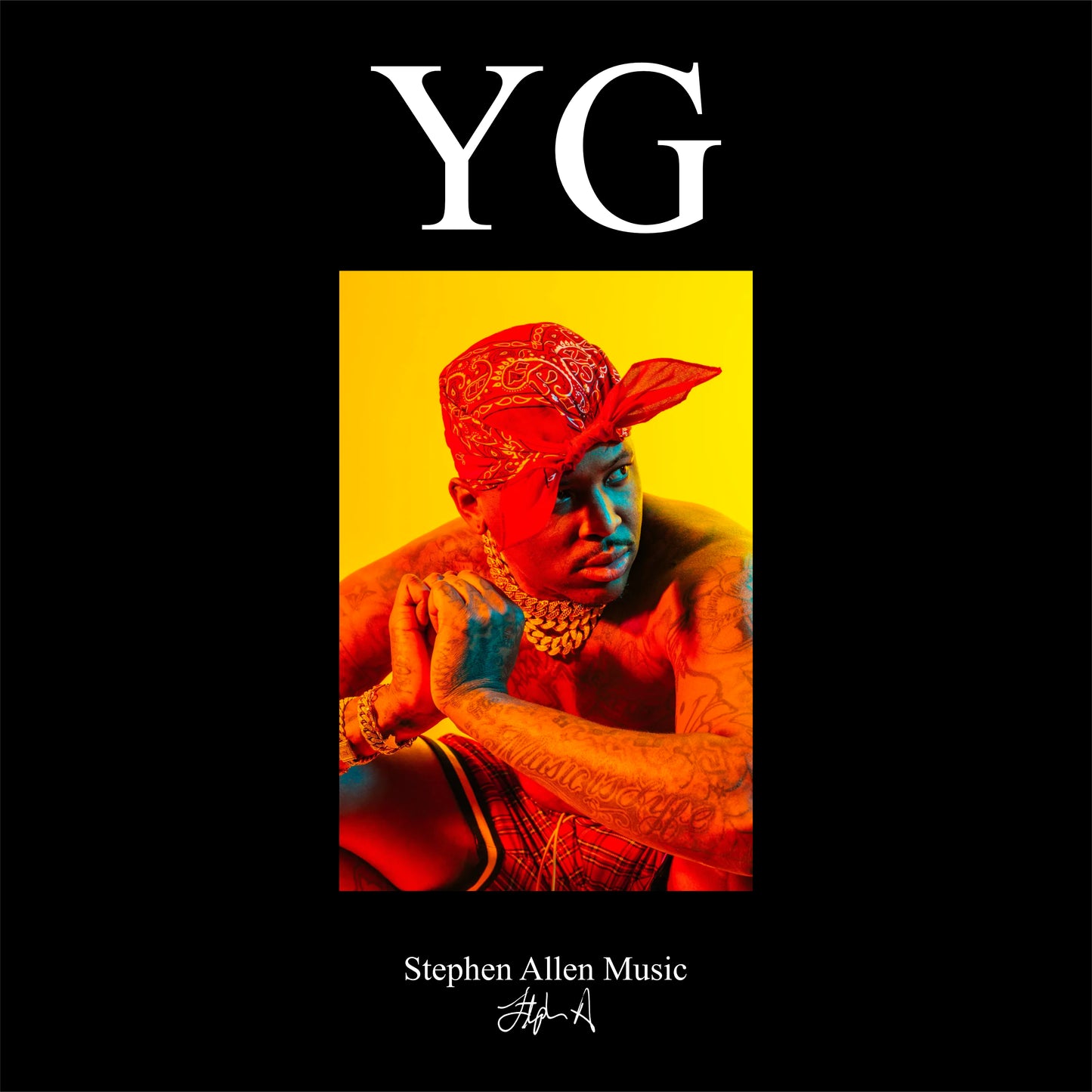 Album cover with a person wearing a red bandana and tattoos, set against a black background with 'YG' and 'Stephen Allen Music' text.
