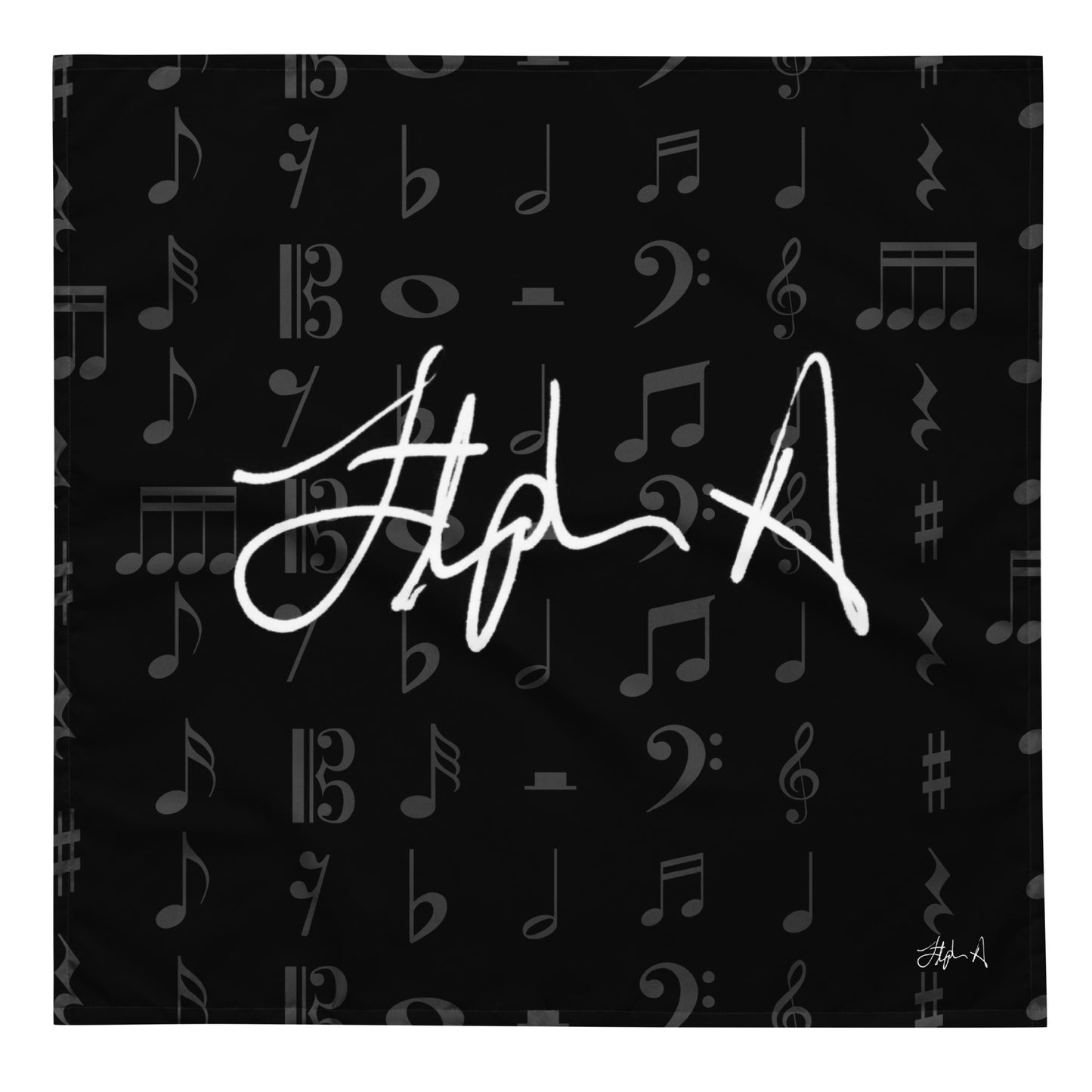 Black background with music notes and a signature in white Stephen Allen Music