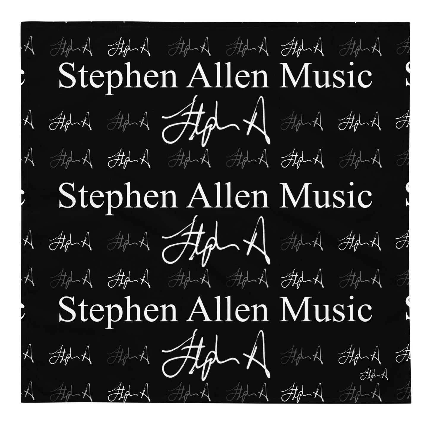 A square black fabric item, likely a bandana or scarf, featuring a repeating white pattern of 'Stephen Allen Music' text alongside stylized 'S.A.