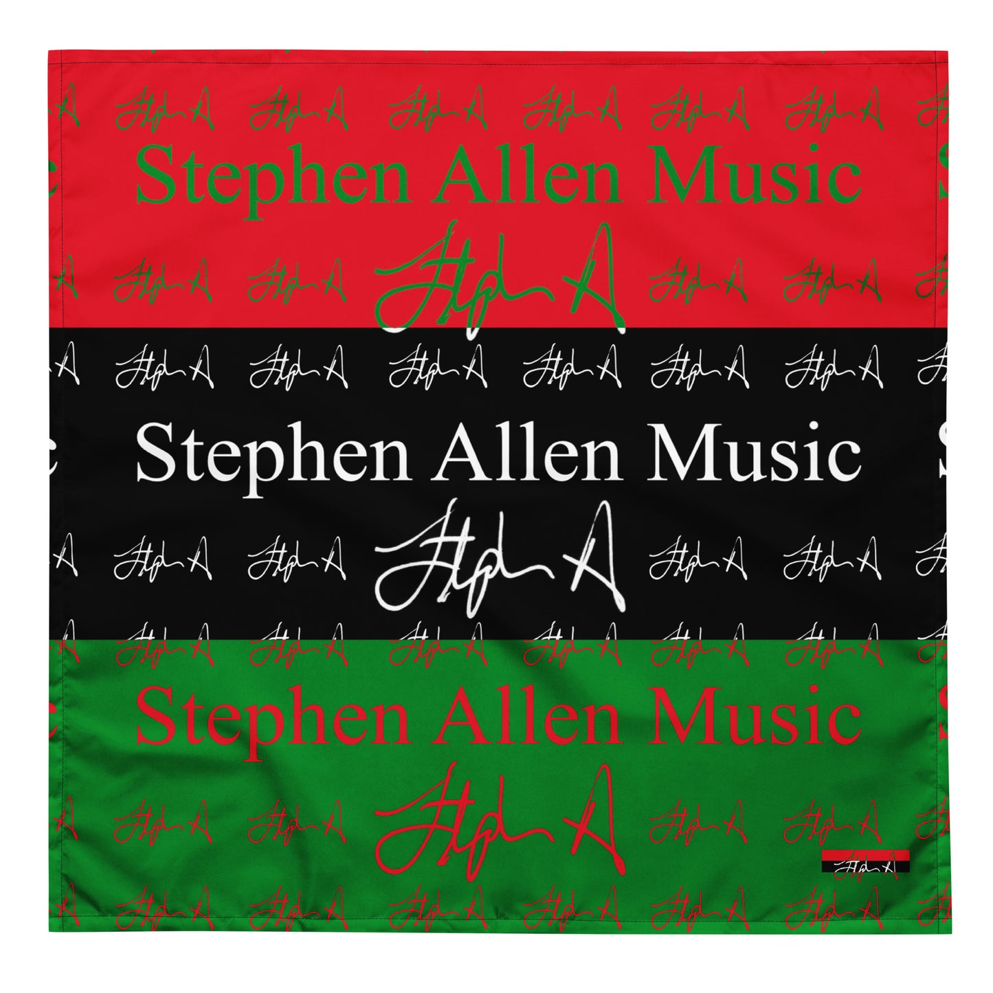 A square graphic print featuring the text 'Stephen Allen Music' repeated across horizontal red, black, and green bands, with stylized signature graphics in each color.