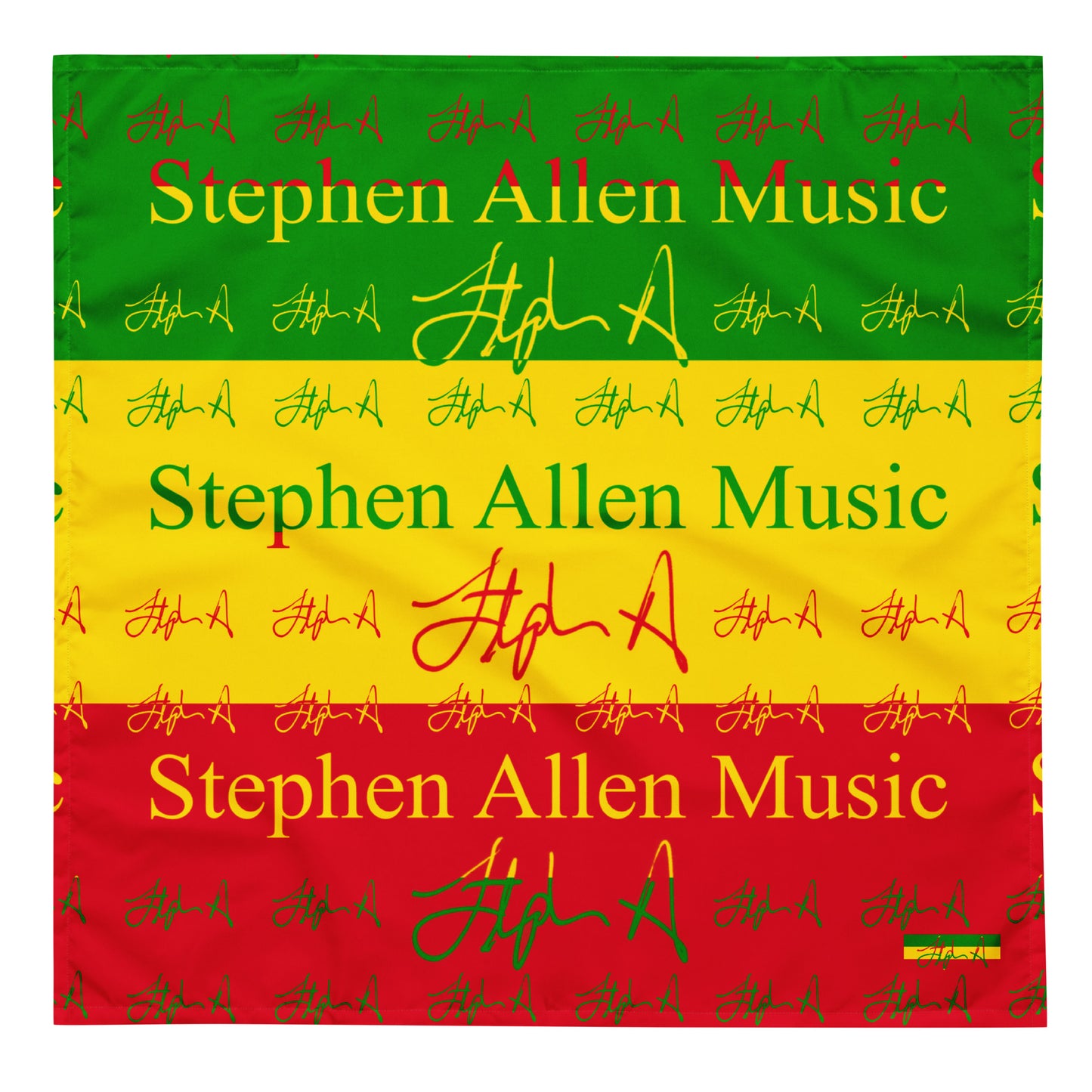 A square bandana or scarf featuring a Rastafarian-inspired horizontal stripe pattern of green, yellow, and red, with 'Stephen Allen Music' printed across the center and repeated stylized signatures.