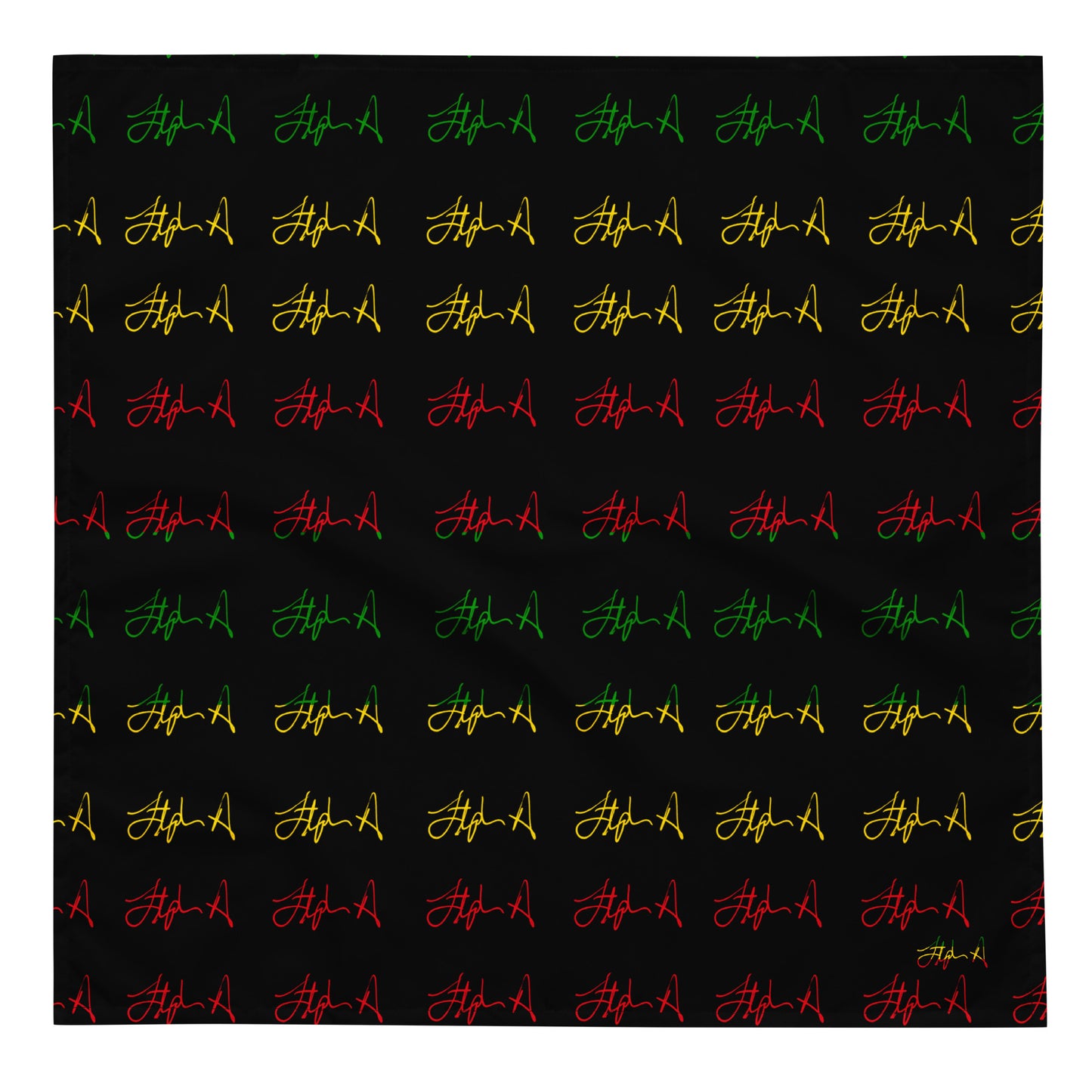A square black fabric or paper product featuring a repeating pattern of stylized 'A' letters in green, yellow, and red script, with a small signature-like mark in the lower right corner. Stephen Allen Music