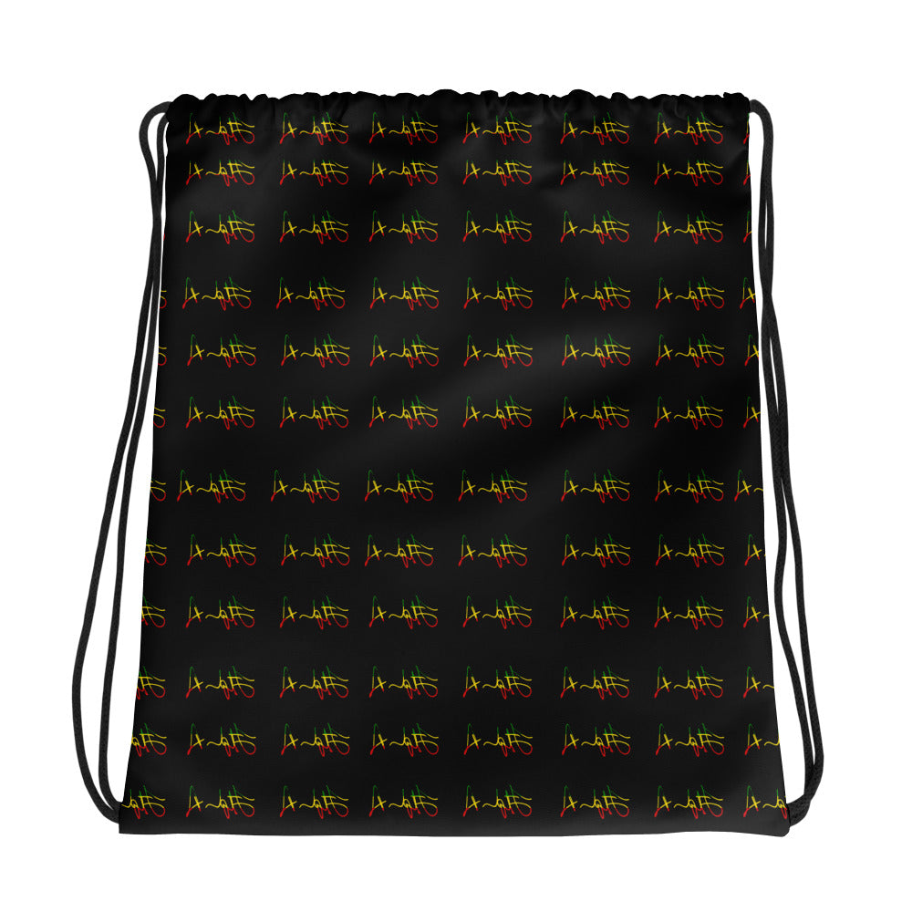 A black drawstring bag featuring a repeating pattern of stylized yellow and red script logos, shown against a plain white background. Stephen Allen Music