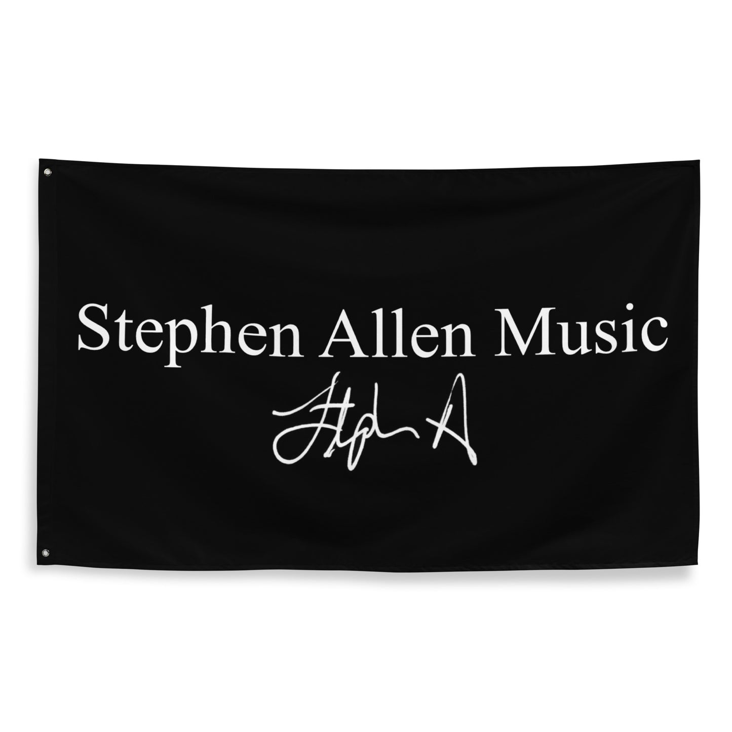 A black rectangular wall tapestry or banner featuring the white text 'Stephen Allen Music' and a white stylized signature, shown against a plain white background.
